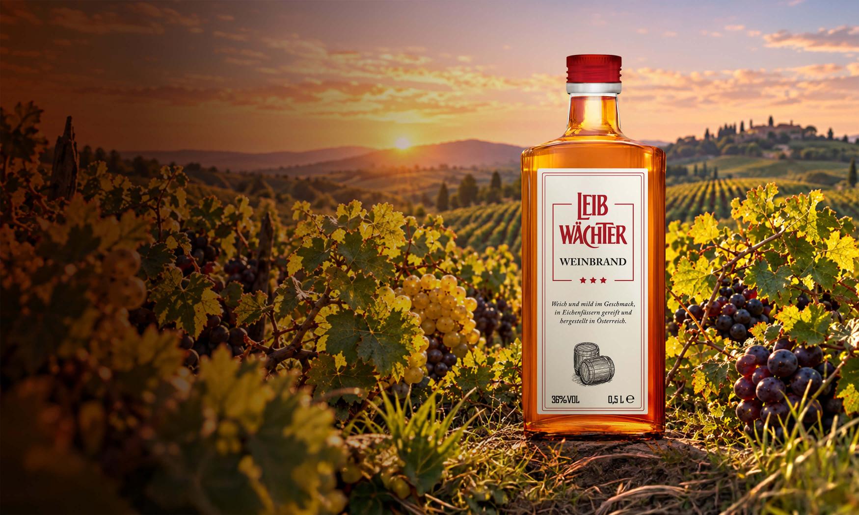 Flasche Leibwaechter Weinbrand steht in einem Weinberg bei Sonnenuntergang mit Trauben und Reben im Vordergrund