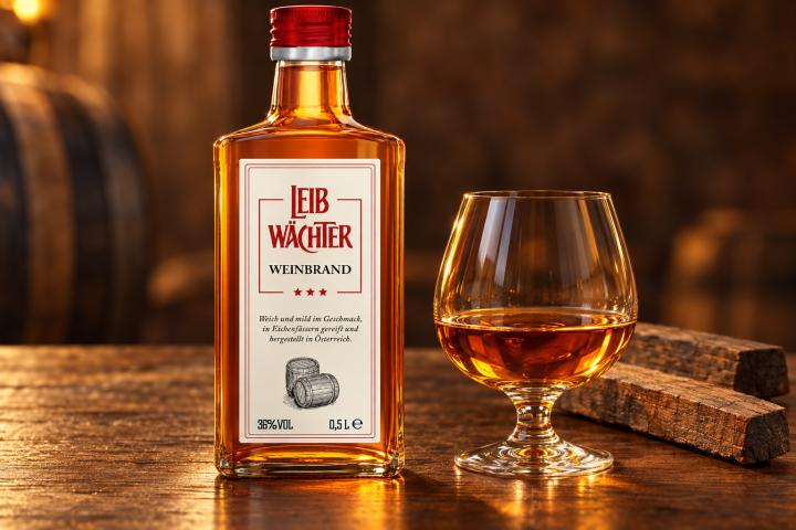 Flasche mit bernsteinfarbenem Weinbrand "Leib Wächter" und gefülltes Nosingglas auf Holztisch vor unscharfem Hintergrund mit Holzfässern